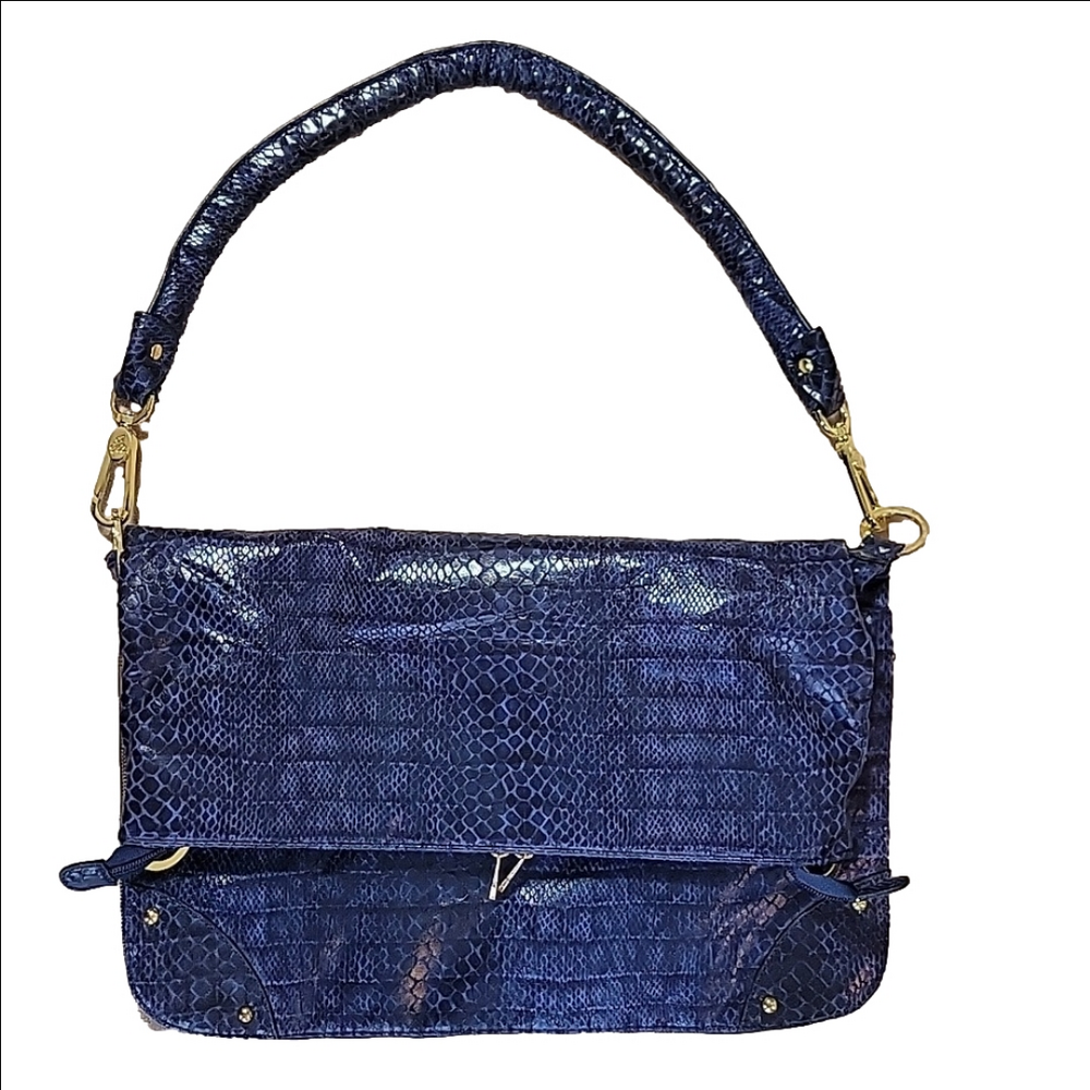 Joy Mangano Designer Navy Blue Snake Skin Drop Bag EUC